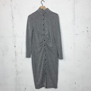 Anthropologie Metallic Gray Ruched Button Down Long Sleeve Dress Size Large